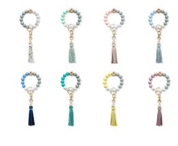 8 Colours Silicone Bead Bracelet Keychain Female Bracelets Key Ring Tassel Wooden Beads Food Grade Girl Keyring Wrist Strap DD322