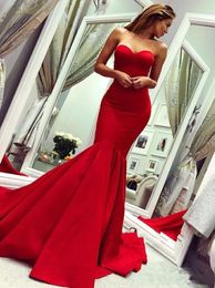Charming Red Mermaid Prom Dresses Sweetheart Strapless Long Satin Formal Evening Gowns Simple Sexy Celebrity Party Dress For Women Girls