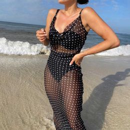 Summer Beach Mesh Chiffon Polka Dot Print Women Strap Maxi Dress Lace Up Bandage See Through Sheer Beachwear Party Club Festival 210709