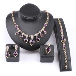 African Jewelry Set Gold Color Purple Zircon Austrian Crystal Women Wedding Necklace Bracelet Earring Ring Jewelry Set H1022