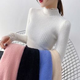 Women Turtleneck Imitation Mink Velvet Sweaters Autumn Winter Lace Stitching Slim Knitted Bottoming Sweater Pullover Female 210412