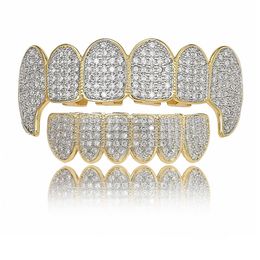 Gold Shiny ICED OUT Teeth Grillz Rhinestone Top&Bottom Grills Set Hip Hop Jewellery