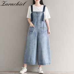 Women Loose Jean Overalls Ninth Rompers Denim Boot Cut Jumpsuit Pocket Girl Suspender Wide Leg Pant 210416