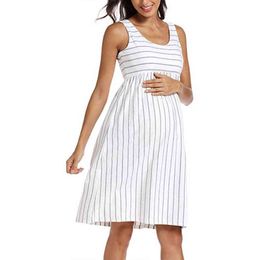 Moms Summer Maternity Stripe Dress High Waist Round Neck Sleeveless Clothing Stretch for Pregnant Women Maternidad Dress D30 G220309