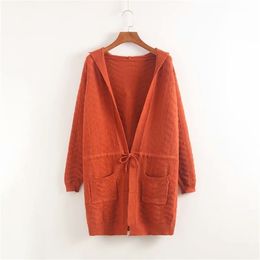 Women Winter Long Knit Jackets Sweater Hooded Cardigans Big Pocket Sashes Coat Poncho Korean cardigan 210430