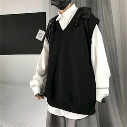 Men Sweater Vest Autumn Solid Colour Knitted Male Korean Style Trend Loose V-neck Sleeveless Waistcoat College 210918