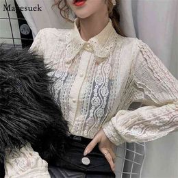 Fashion Vintage Sexy Women Blouse Korean Long Sleeve Lace Office Blouses Cotton Cardigan Button Up Shirt Tops 10457 210512