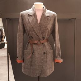 Spring And Autumn Full Sleeve High Quality Women Woolen Blazer Korea Style Loose Belt Checkered Casual Coat QZ174 210510