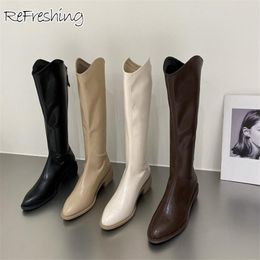 Boots Winter Women Motorcycle Punk Warm Square Heel Female Long Street Concise Knee High Fashion Ladies Casual Shoes