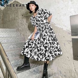 White Black Floral Print Vintage Ruched Dress Women Square Neck Puff Sleeve A Line Long Midi Summer Clothes 210427