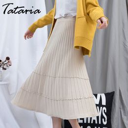 Tataria Thickening Warm Skirt for Women High Waisted Knitted Women's Winter Pleated Female A-line Midi 210514