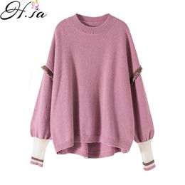 H.SA Women Oversized and Pullovers O neck Ruffles Loose Sweater Jumpers Korean Fashion pull femme Pink 210417