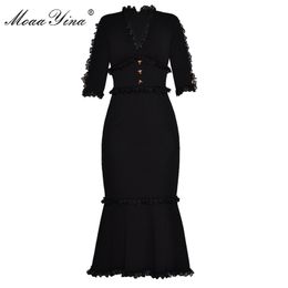 MoaaYina Fashion Designer Runway Dress Summer Women V-neck Half sleeve Lace Button Slim Packet hip Elegant Fishtail 210623