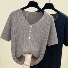 M-4XL plus size summer thin pullover v-neck sweater women short sleeve loose knitted bottoming shirt wool top 210604