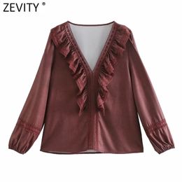 Women Vintage Ruffles Hollow Out Lace Patchwork Smock Blouse Office Ladies Casual Shirts Chic Blusas Tops LS7544 210420