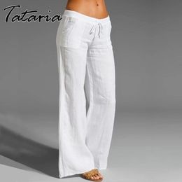 Straight Women's Cotton Linen Pants Elastic Mid Waist Harem Loose Soft White Summer Blue Casual Trousers for Female 210514