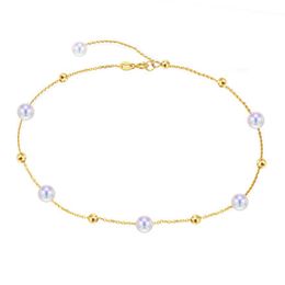 Sinya 18k Au750 gold Chain Anklets Bracelets with natural round pearl charm for women girl Mum lover length 18-25cm adjustable