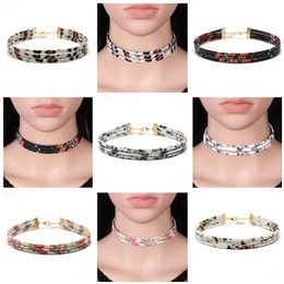 Women's multi-layer flower leather cord necklace choker collar necklace