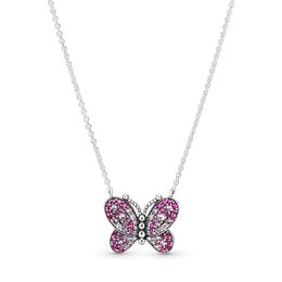 925 Sterling Silver Pink Pave Butterfly Collier Necklace Fit Crystal Cubic Zirconia for Women