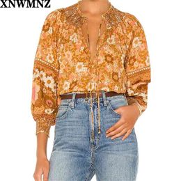 women pleated collar blouse with bow Female girls Bohemia lantern sleeves ruffled elastic cuffs Printed shirt chic 210520