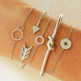 5pcs/sets Vintage Hollow Star Tree Leaf Bracelet for Women Luxury Crystal Geometry Opening Bangle Set Party Jewelry