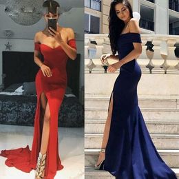 Elegant Mermaid Evening Dresses Long Luxury 2021 Women Off Shoulder Sleeveless Dark Blue Prom Dress With Side Split Ball Gowns