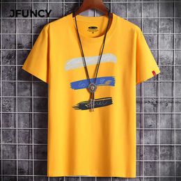 JFUNCY 2021 Summer Men Tops Plus Size S-6XL Loose Short Sleeve Breathable Cotton Man Tshirt Color Print Men's Casual T-shirts X0621