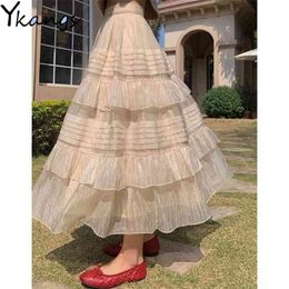 High Quality Vintage Elegant Layered Cake Pleated Skirt Women Elastic Waist Long Lady Korean Fashion Wild Maxi 210421