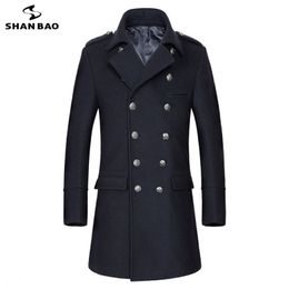 Navy blue wool coat business casual brand clothing winter luxury high quality thick warm double row button men's slim coat 211122