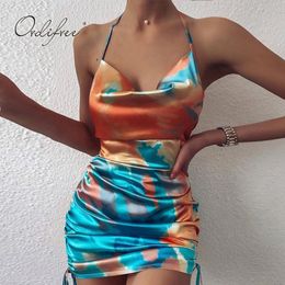 Summer Women Satin Slip Spaghetti Strap Vintage Print Sexy Bodycon Silk Mini Dress 210415