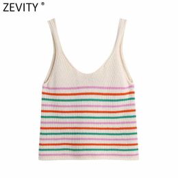 Zevity Women Fashion V Neck Colourful Striped Knitted Sling Sweater Femme Spaghetti Strap Casual Vest Chic Summer Tops LS9372 210603