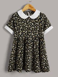 Toddler Girls Ditsy Floral Print Contrast Peter-pan Collar Pleated Chiffon Dress SHE