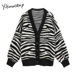 Yitimuceng Zebra Pattern Sweater Women Cardigans Knitted Mohair V-Neck Korean Tops Plus Size Fall Spring Clothes Japanese 210601