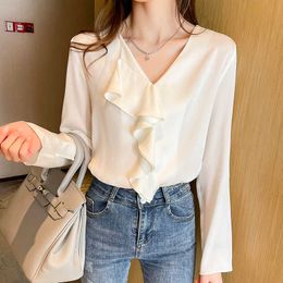 Korean Women White Shirt Chiffon Blouses for Long Sleeve s Woman Ruffles Blouse Tops Plus Size V Neck Top 210604