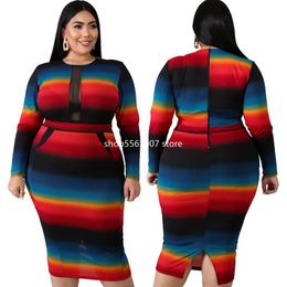 Autumn Womens Plus Size Dress 5XL Round Neck Long Sleeve Multicolor Striped Casual Mesh Dresses Wholesale Drop