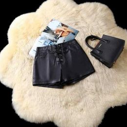 Elegant Black Genuine Leather Shorts Women Sexy Winter Low Waist Casual Streetwear Female Skirts Lace Up Big Size Women's