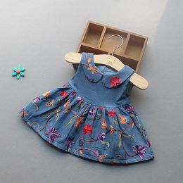 Embroidery Flowers Toddler Girls Summer Denim Dress Cotton Quality Baby Kids Jean Fabric For Girls Children's Clothing Q0716