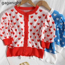 Gaganight Women O-Neck Knitted Sweaters Puff Short Sleeve Summer Thin Cardigans Sweet Ladies Button Up Heart Printed Crop Tops 210519