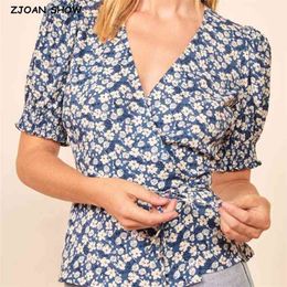 Vintage France Style Short Sleeve Wrap Shirt Fashion Blue Floral Print Tie Bow Waist Blouse Women One-piece Tops 210429