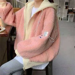 Lucyever Pink Zipper Lamb Wool Women Coat Fake Two-piece Warm Plush Loose Overcoat Female Winter Thicken Casual Hoodeds Top 211122