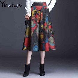 Vintage Plus Size 4XL High Waist Woollen Skirts Autumn Winter Fashion Women Midi Printed Skirt Female Casual Office 210421