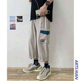 Japanese Straight-Leg Pants Streetwear Summer Cargo Sweatpants Men Loose Korean Casual Pocket Trousers Harajuku Pantalon Homme G220224