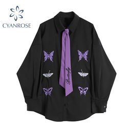 Womens Blouse Gothic Black Autumn Long Sleeve Butterfly Embroidery Harajuku Streetwear Casual Loose Turn Down Collar Shirt Tops 210417
