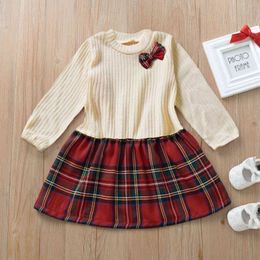Girl's Knitted Plaid Bowknot Girls Dress Princess Party Dress Outfits For Toddler Kids Baby Girls England Style Princess Dress Q0716