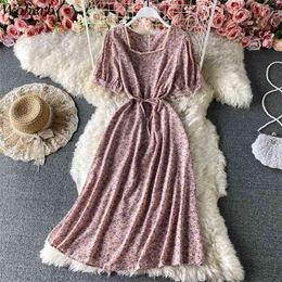 Chiffon Summer Dress Robe Floral Print Bandage Short Sleeve Vestidos Mujer Korean Beach Style Woman Dresses 210519