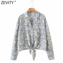 Women Vintage Geometric Pirnt Hem Knotted Smock Blouse Female Notched Collar Kimono Shirts Chic Blusas Tops LS7673 210420