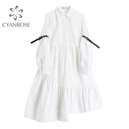 Autumn Vintage Women White Long Dress Party Loose High Waist Sleeve Elegant Casual Irregular Pleating Maxi 210515