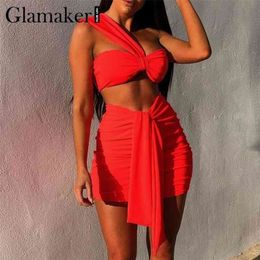 Glamaker Red knitted 2 piece suits Crop top and skirt lady sets Holiday women fashion sexy bandage elegant pleated dress 210730