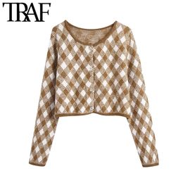 TRAF Women Fashion Argyle Cropped Knitted Cardigan Sweater Vintage Long Sleeve Button-up Female Outerwear Chic Tops 210415