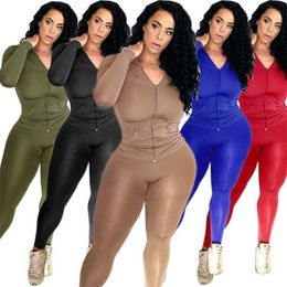 Women Long Sleeve Hooded Tracksuits Drawstring Zipper Top Elastic Tight Casual Sports Pants Two Piece Sets For Autumn And Winter
